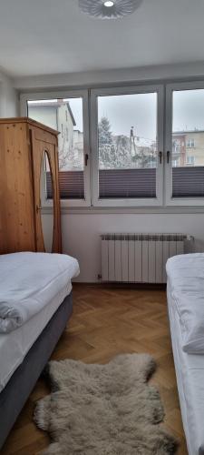 a room with two beds and two windows and a rug at Górnica apart in Andrychów