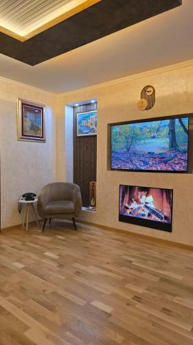 a living room with a chair and a large tv at Hotel Mažijanik in Nikšić