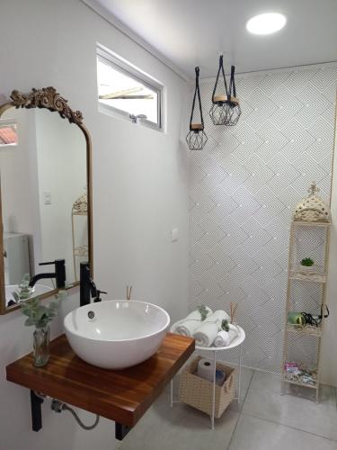 a bathroom with a large white sink and a mirror at Casita Bohemia natural paradise in Peje Viejo