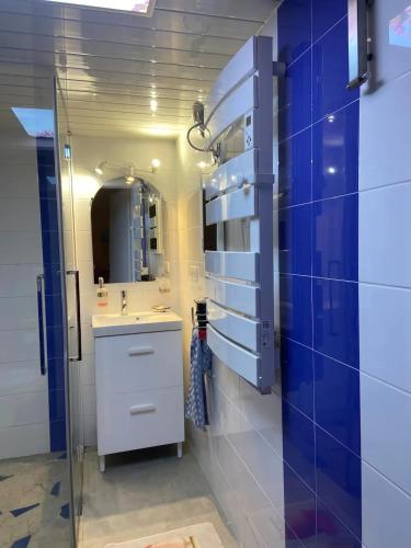 une salle de bain avec un lavabo et un miroir dans l'établissement Appartement rénové à Lapte avec terrasse 40 m², à Lapte