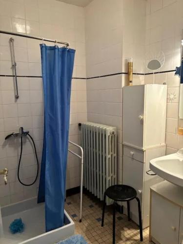 une salle de bain avec une douche avec un rideau de douche bleu dans l'établissement Maison confortable près de Bozouls avec jardin, à Bozouls
