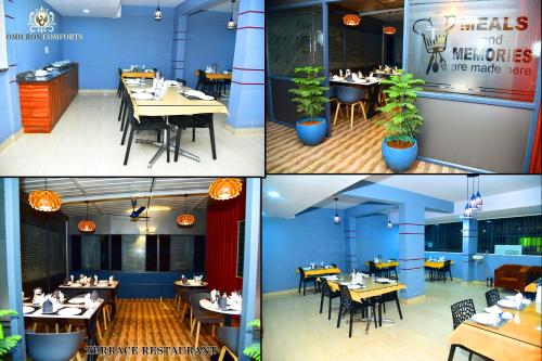 four different views of a restaurant with tables and chairs at Omicron Comforts 1BHK 2BHK Service Apartment in Bengaluru