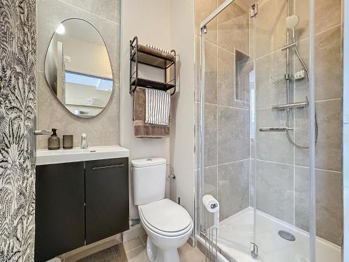 a bathroom with a toilet and a shower with a mirror at Le pétillant champenois in Reims
