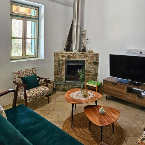 a living room with a couch and a fireplace at Traditional adobe house in Evrychou with cozy garden and fireplace! in Nicosia