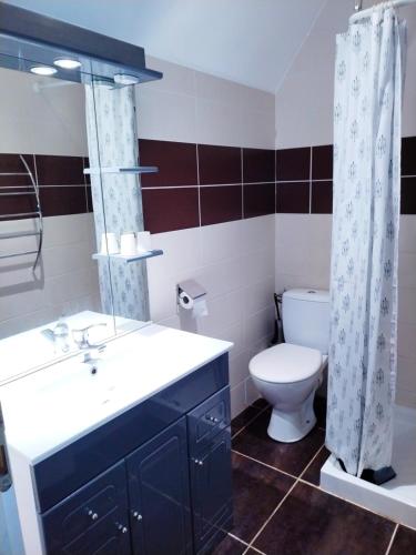 une salle de bain avec un lavabo blanc et des toilettes dans l'établissement Auberge du donjon Chambre chocolat, à Bournazel