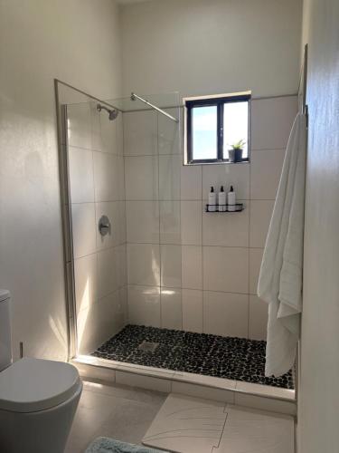 a bathroom with a shower with a toilet and a window at Lemongrass Condos in Gros Islet