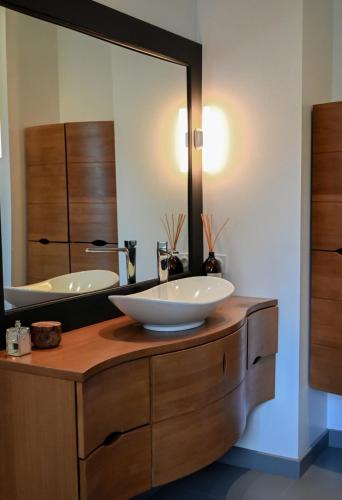 une salle de bain avec un lavabo et un grand miroir dans l'établissement Magnifique maison au coeur du Perche avec piscine chauffée, sauna et hammam, à Grande Courbetière