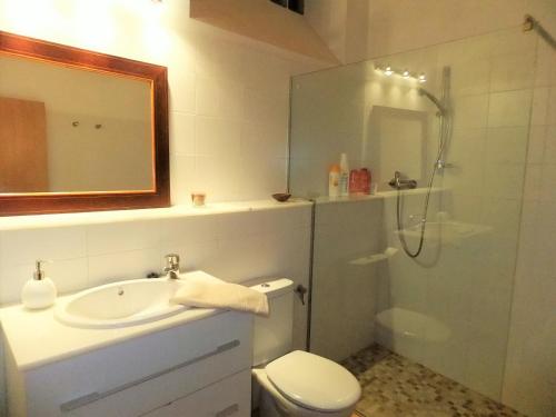 Un baño con ducha, inodoro y lavabo. en Sóller Relax II, cozy and rural apartment, en Sóller