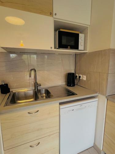 une petite cuisine avec un évier et un micro-ondes dans l'établissement Duo Verde Du style et de la Luminosité Famille Disney Parking Patio, à Montévrain