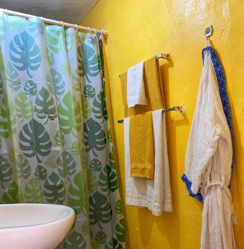 a bathroom with a shower curtain and a sink at Rincón del Mojito in Santa Cruz de Barahona