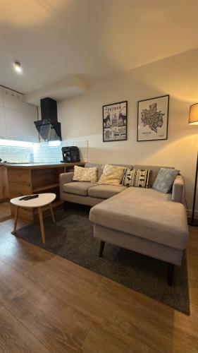 a living room with a couch and a table at Apartament Szachty in Poznań