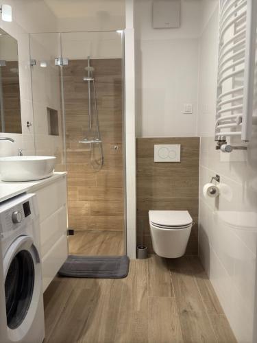 a bathroom with a toilet and a sink and a shower at Apartament Szachty in Poznań