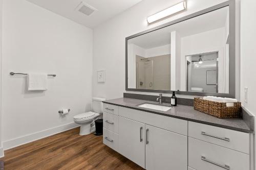 a bathroom with a sink and a toilet and a mirror at The Nomad ATL in Atlanta