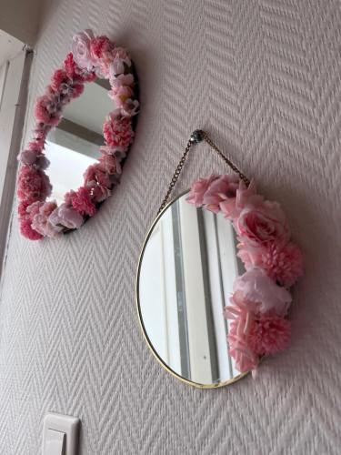 a mirror on a wall with pink flowers on it at Apparemment jacuzzi balnéo centre de Bordeaux in Bordeaux