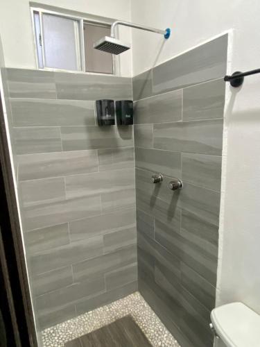 a bathroom with a shower with a toilet at Estudios Rios Habitación in Zamora de Hidalgo