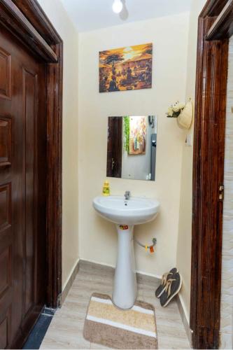 a bathroom with a sink and a mirror at Polea Hapa tu in Ngong