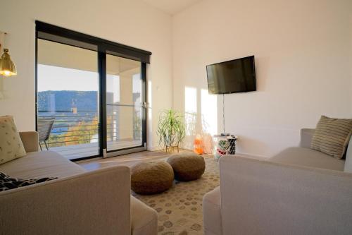 a living room with two couches and a flat screen tv at Sunset Hills Transylvania in Odorheiu Secuiesc
