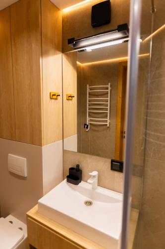 a bathroom with a white sink and a mirror at Комплекс відпочинку Крихая in Solochin