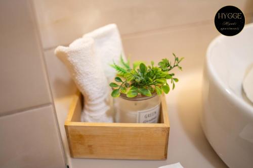 a wooden holder with a potted plant next to a toilet at Miyaki Apartments - BJELASNICA in Bjelašnica