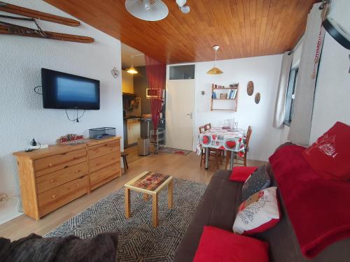 un salon avec un canapé et une télévision dans l'établissement Chamrousse 1750 Studio 4 personnes 29m2, à Chamrousse