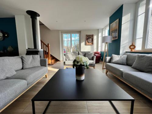 un salon avec des canapés et une table basse dans l'établissement Refuge de luxe pour les amoureux de la montagne, à Pouzac