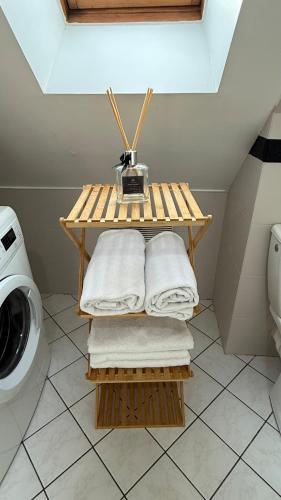 une salle de bain avec un porte-serviettes à côté d'une machine à laver dans l'établissement Le Duplex de la Gare, à Chilly-Mazarin