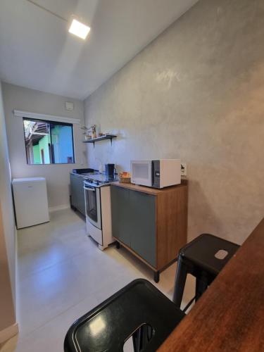 a small kitchen with a counter and a microwave at Frieden Haus Hospedagem in Pomerode