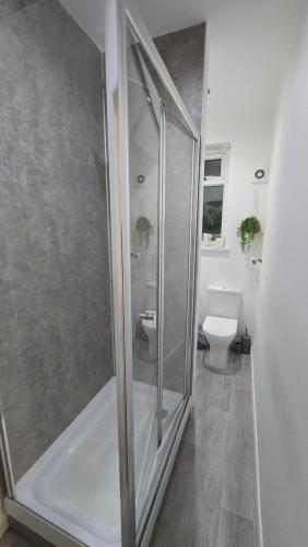 a bathroom with a shower and a toilet at Cosy 3 Bedroom, 5 Bed House! in Headingley