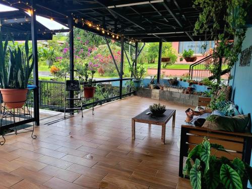 a large patio with plants and a table at Azulita Oasis, Family-Sized Loft With Pool & Large Outdoor Areas in Aguas Zarcas