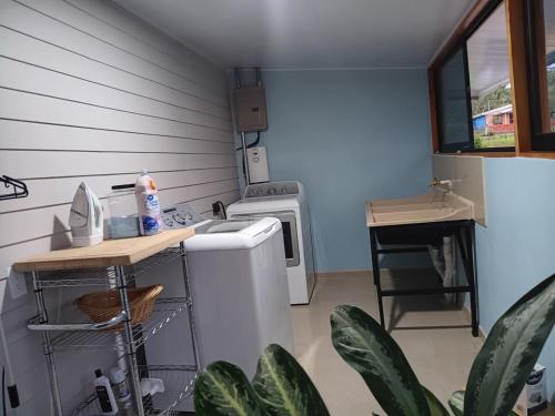 a small kitchen with a washing machine and a sink at Azulita Oasis, Family-Sized Loft With Pool & Large Outdoor Areas in Aguas Zarcas