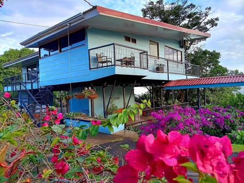 a blue house with flowers in front of it at Azulita Oasis, Family-Sized Loft With Pool & Large Outdoor Areas in Aguas Zarcas