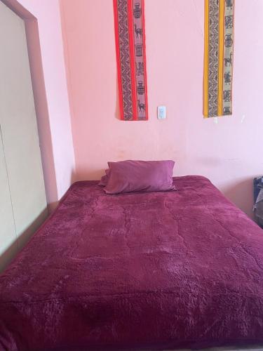 a bed in a room with a purple blanket at Depto Alto Humahuaca in Humahuaca