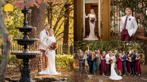 a bride and groom standing next to a fountain at Eden Brae: Historic Southern Gothic Mansion in Birmingham