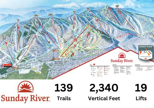 a map of the sunway river trails with a mountain at Brand New Retreat near Ski Resort, Game Room, Sauna, Hot Tub, Pool in Bethel