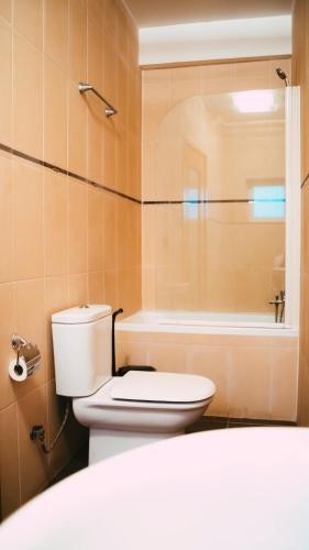 a bathroom with a toilet and a bath tub at Prainha Beach Apartment I in Praia