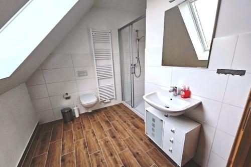 a bathroom with a sink and a shower and a toilet at Ferienhaus in Wendorf am Seenland in Wendorf