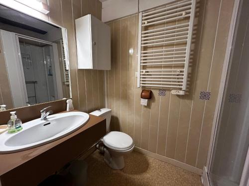 une salle de bain avec un lavabo, des toilettes et un miroir dans l'établissement Studio centre La Roche-Posay, Wifi, parking gratuit - FR-1-541-161, à La Roche-Posay