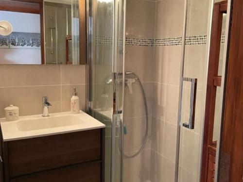 une salle de bain avec douche et lavabo dans l'établissement 2 Pièces + Coin Montagne, Cheminée, Parking, Wi-Fi - 4 Pers. - FR-1-762-54, au Monêtier-les-Bains