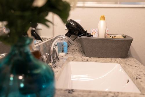 a bathroom counter with a sink and a bottle of soap at Sea Lion Serenity Retreat - New Construction 2024 in Port Saint Lucie