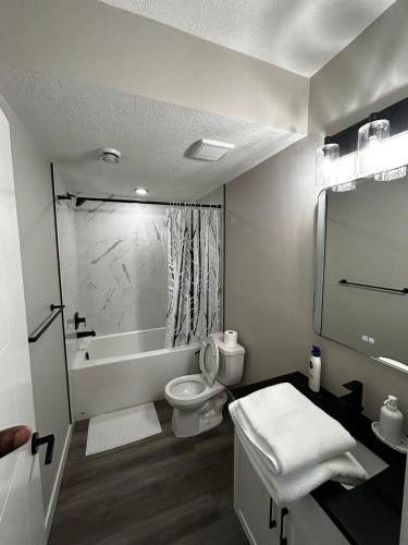 a bathroom with a toilet and a tub and a sink at Entire 2 Ensuite Bedrooms in a Basement in Edmonton
