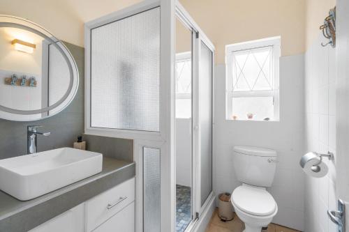 a bathroom with a toilet and a sink and a mirror at LAKAZ DEL SOL - Modern and elegant apartments with luxurious garden, pool and barbecue area - Tourism Permit Certified in Tamarin