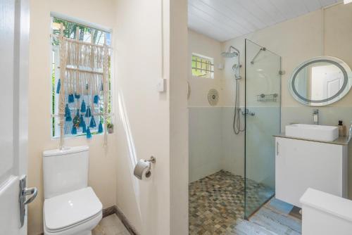 a bathroom with a shower and a toilet and a sink at LAKAZ DEL SOL - Modern and elegant apartments with luxurious garden, pool and barbecue area - Tourism Permit Certified in Tamarin