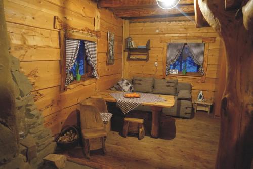 a dog sitting at a table in a cabin at Domki Osada Werdołyna in Polańczyk