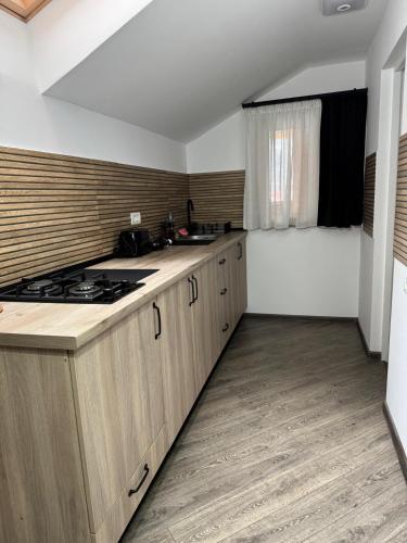 a kitchen with wooden cabinets and a stove top oven at Pensiunea Casa Alexandra in Vatra Dornei