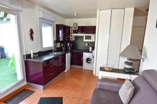 - une cuisine avec un canapé et un évier dans la chambre dans l'établissement Cosy T2 with terrace and mountain view - Hendaye, à Hendaye