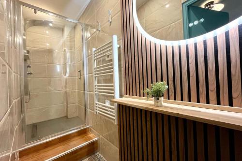une salle de bain avec douche et miroir dans l'établissement Le nid des Dominicains, à Nancy