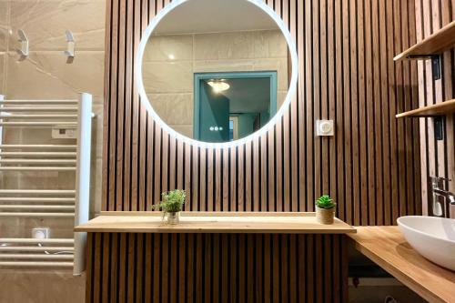 La salle de bains est pourvue d'un miroir rond et d'un lavabo. dans l'établissement Le nid des Dominicains, à Nancy