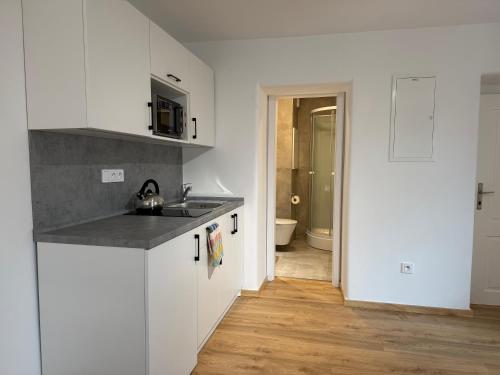 a kitchen with white cabinets and a sink and a bathroom at Školní 60 in Pelhřimov
