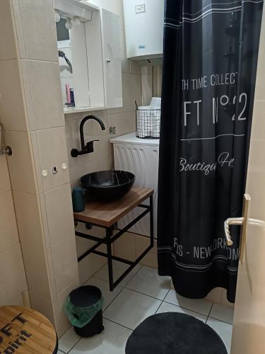 a kitchen with a sink and a shower curtain at Studio apartman LUNA in Vinkovci