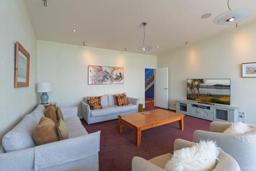 リッチモンドにあるPohutukawa Houseのソファ2つとテレビのあるリビングルーム